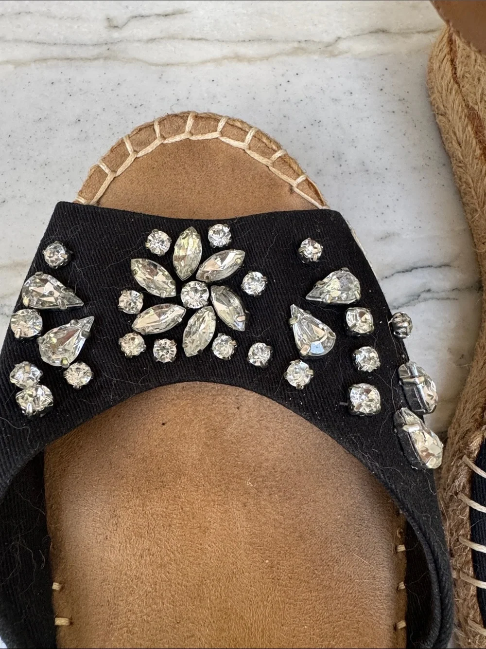 White Mountain Black Rhinestone Espadrille Wedge Sandal with Tan Ankle Strap - Picture 6 of 6
